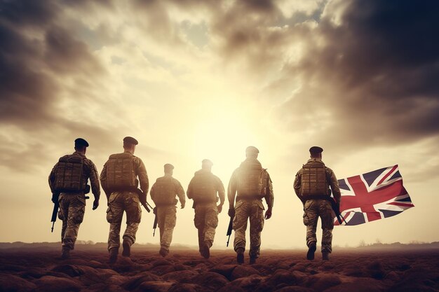Illustration of silhouettes of a soldiers with united kingdom flag generative ai