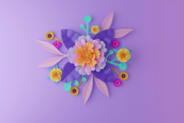Foto simulazione di illustrazione fiori colorati su uno sfondo viola bellissimo rendering 3d
