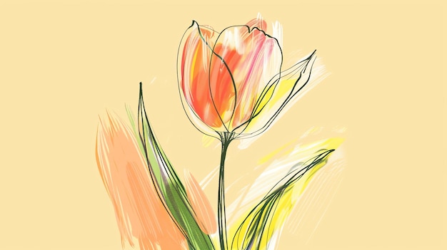 An illustration of a single tulip flower with green leaves The tulip is orange and yellow and the leaves are green