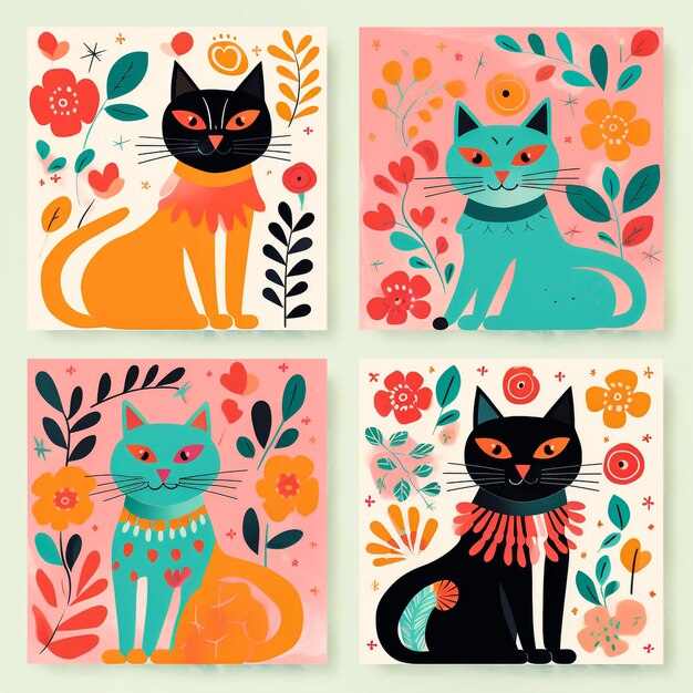 The illustration of sitting black stripy cat surrounded with flowers and dots orange backround