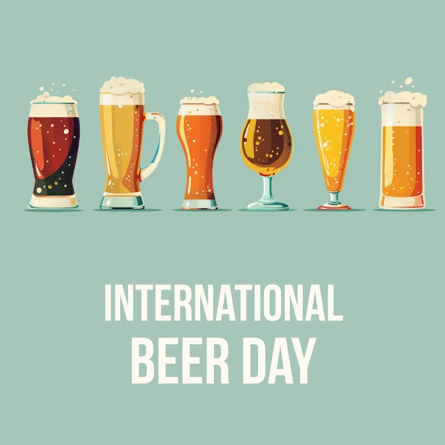Illustration of Six Different Beer Glasses with Foamy Tops Celebrating International Beer Day on Light Green Background