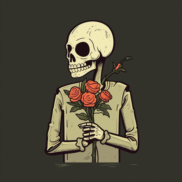 Photo a illustration of a skeleton with a sweet face holding a flower trendy t shirt design