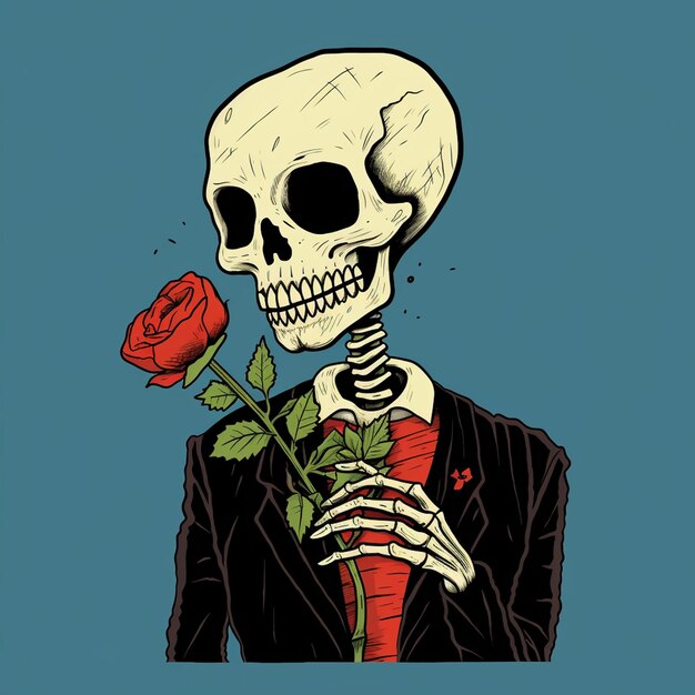 Photo a illustration of a skeleton with a sweet face holding a flower trendy t shirt design