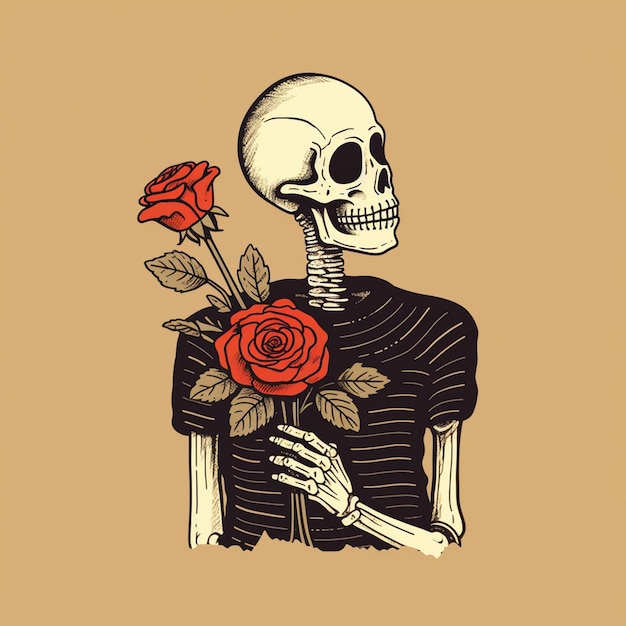 A illustration of a skeleton with a sweet face holding a flower trendy t shirt design