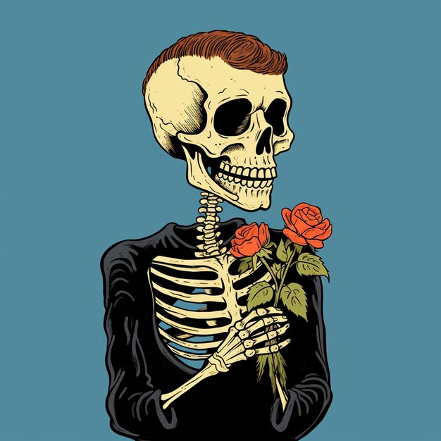 A illustration of a skeleton with a sweet face holding a flower trendy t shirt design