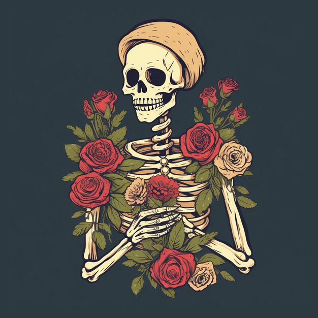 Photo a illustration of a skeleton with a sweet face holding a flower trendy t shirt design