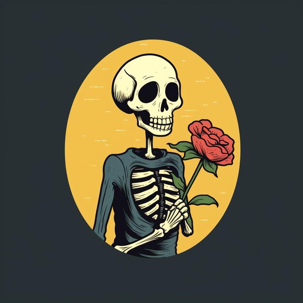 A illustration of a skeleton with a sweet face holding a flower trendy t shirt design