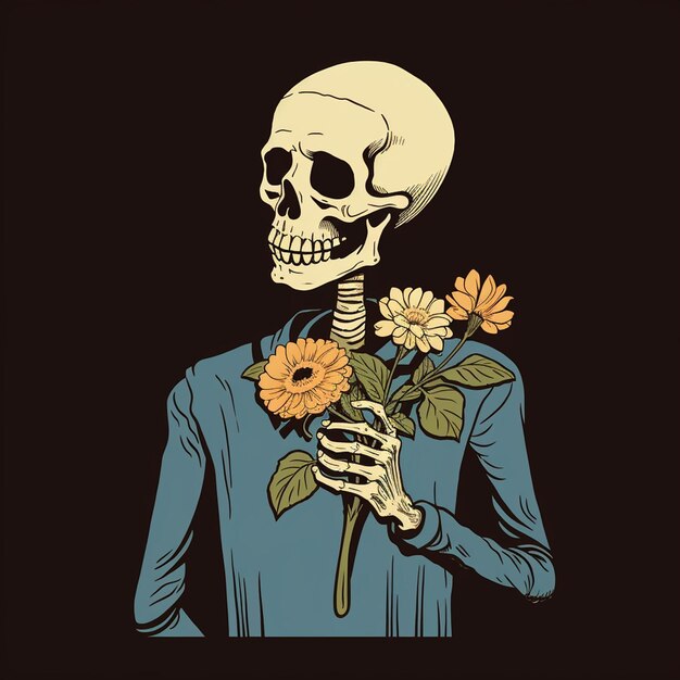 A illustration of a skeleton with a sweet face holding a flower trendy t shirt design