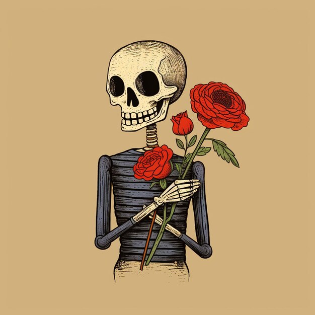 A illustration of a skeleton with a sweet face holding a flower trendy t shirt design