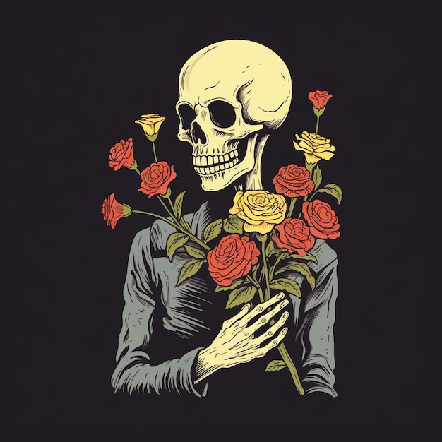 A illustration of a skeleton with a sweet face holding a flower trendy t shirt design