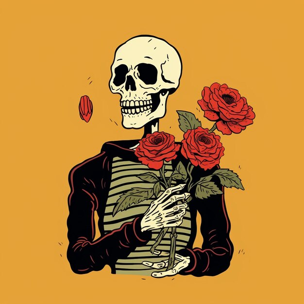 Photo a illustration of a skeleton with a sweet face holding a flower trendy t shirt design