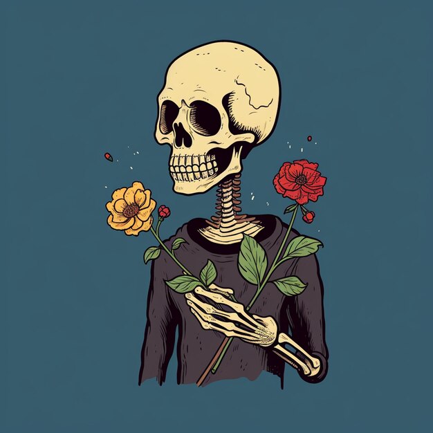 A illustration of a skeleton with a sweet face holding a flower trendy t shirt design