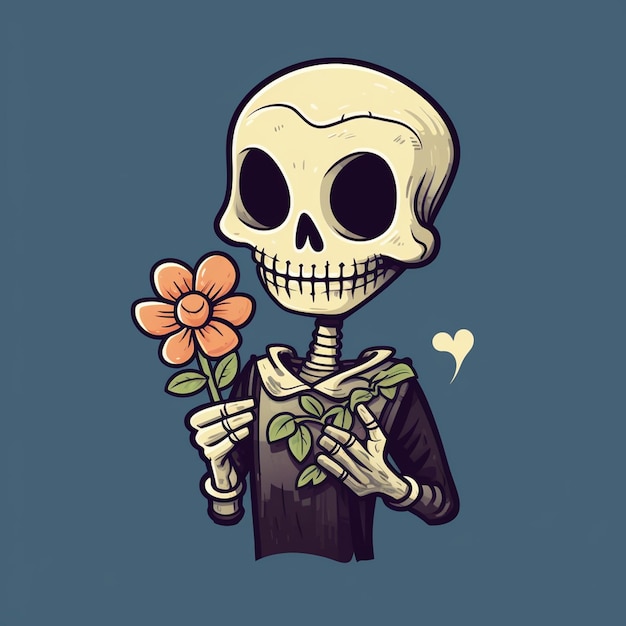 A illustration of a skeleton with a sweet face holding a flower trendy t shirt design