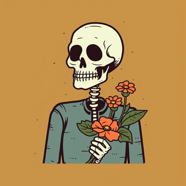 A illustration of a skeleton with a sweet face holding a flower trendy t shirt design