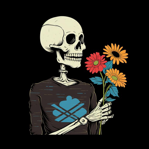 A illustration of a skeleton with a sweet face holding a flower trendy t shirt design