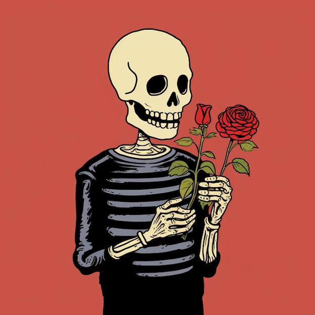 Photo a illustration of a skeleton with a sweet face holding a flower trendy t shirt design