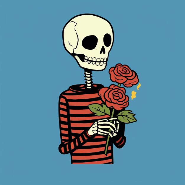 Photo a illustration of a skeleton with a sweet face holding a flower trendy t shirt design