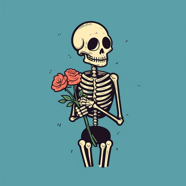 Photo a illustration of a skeleton with a sweet face holding a flower trendy t shirt design