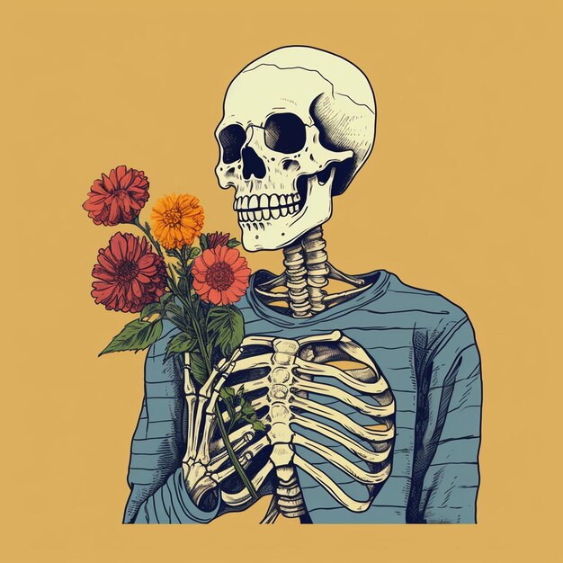 A illustration of a skeleton with a sweet face holding a flower trendy t shirt design