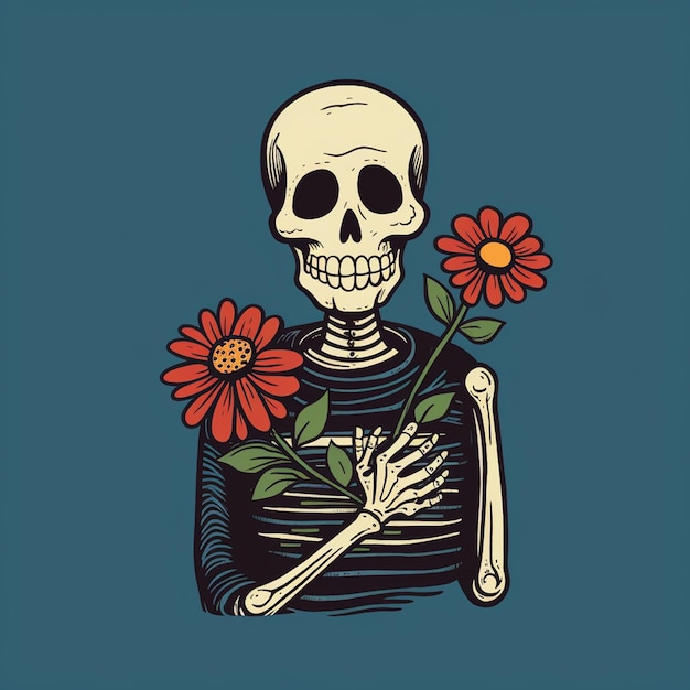 Photo a illustration of a skeleton with a sweet face holding a flower trendy t shirt design