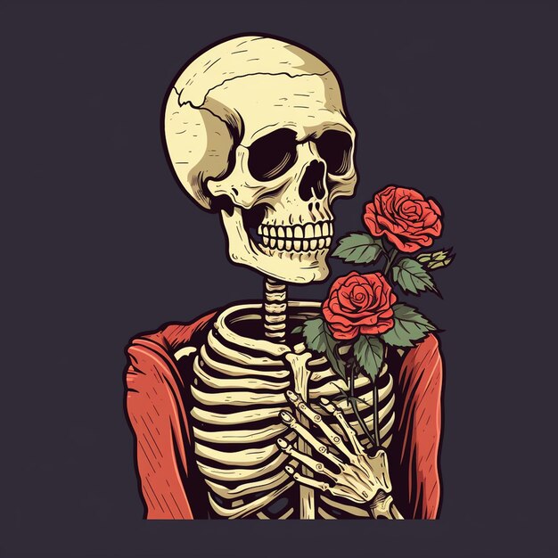 A illustration of a skeleton with a sweet face holding a flower trendy t shirt design