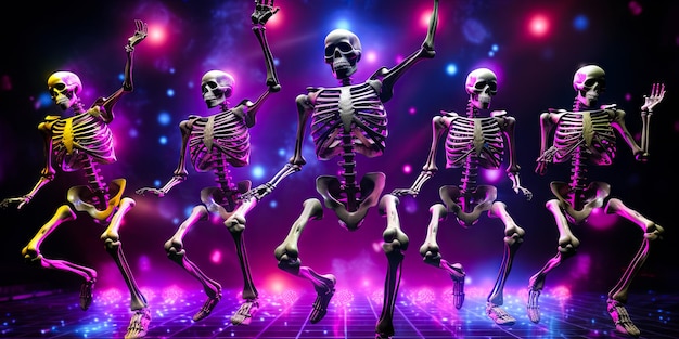 Illustration of skeletons which dancing on halloween disco party