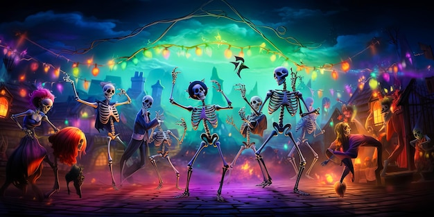 illustration of skeletons which dancing on Halloween disco party