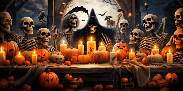 Illustration of skeletons which sitting at festive table and celebrating halloween halloween party