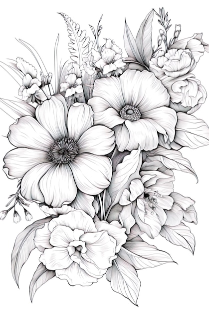 An illustration sketch black and white drawing of flowers with white background