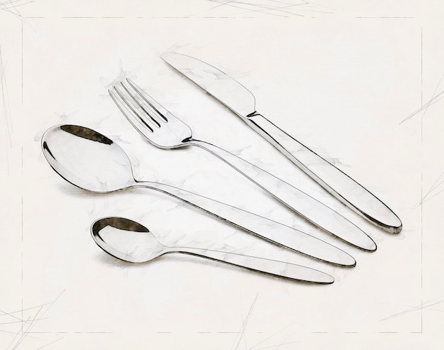 Фото Иллюстрационный эскиз набора столового серебра с вилкой, ножом и ложками