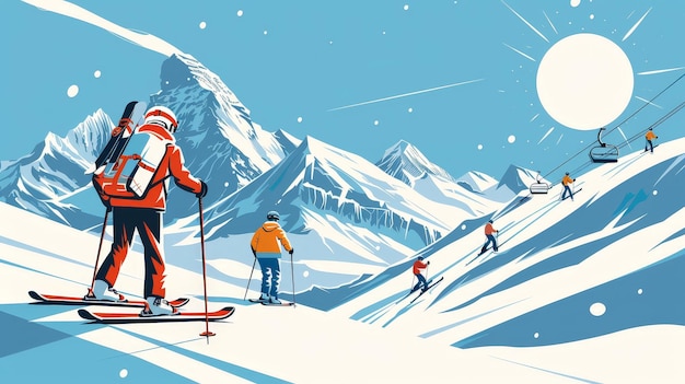 illustration of ski gear skis ski poles helmet in the snow Materhorn peak in the background skiers ski slopes ski lifts graphic illustration snowing bright sun abstract modern style graphics
