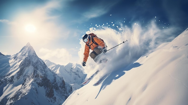 Иллюстрация катания на лыжах по заснеженному склону. Прыжок лыжника.
