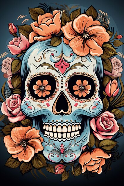 Illustration of a skull or human cranium with colorful flower decorations on a black background