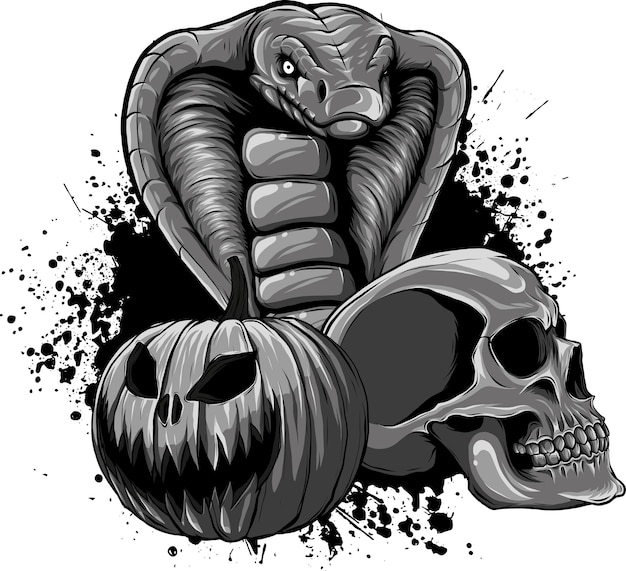 Illustration of skull with cobra and pumpkin