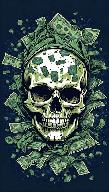 illustration of a skull with money scattered around it