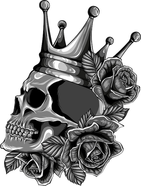 Photo illustration of skulls crown and red roses