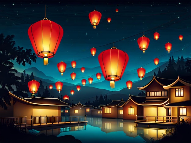 Illustration of sky lanterns floating at night