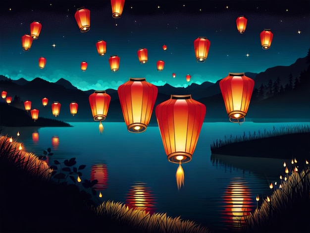 Illustration of sky lanterns floating at night