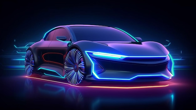 Illustration of a sleek and futuristic car illuminated by vibrant neon lights