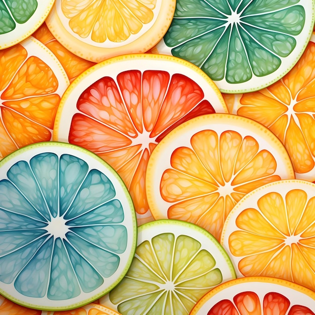 Foto illustrazione di arance fruttate a fette di diversi colori disposte in un bellissimo motivo estetico