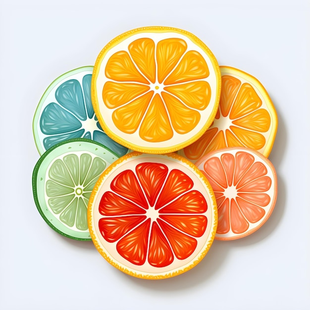 Photo illustration of sliced fruity oranges of different colors arranged in a beautiful aesthetic pattern