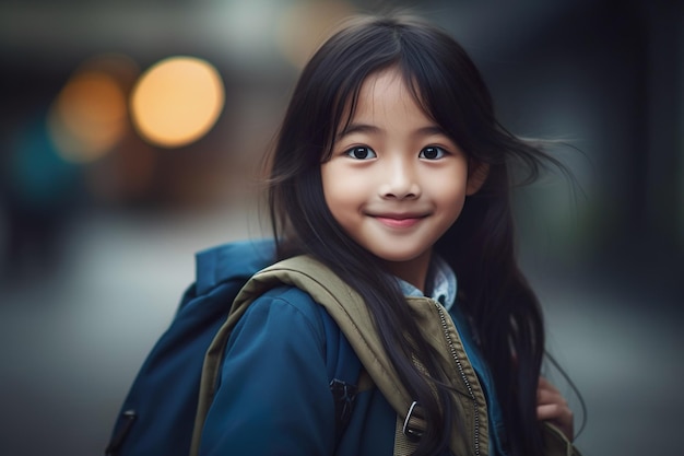 학교 배을 들고 있는 작은 아시아 소녀의 일러스트레이션