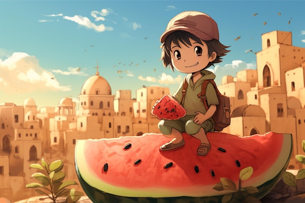 illustration of a small child sitting on a watermelon city palestine