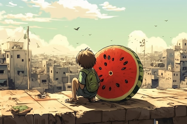 illustration of a small child sitting on a watermelon city palestine