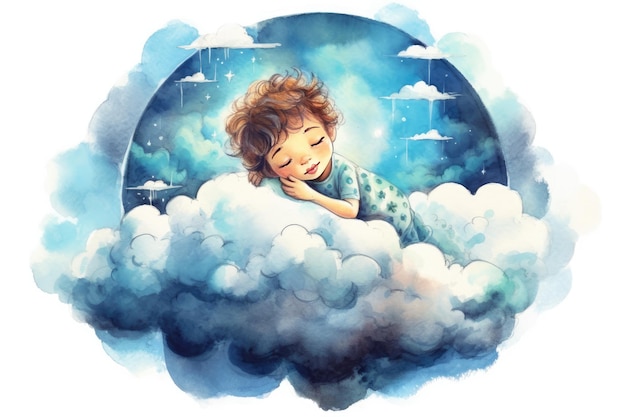 Illustration of a small child sleeping on a cloud AI generated