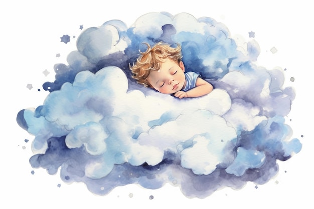 Illustration of a small child sleeping on a cloud AI generated