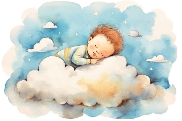 Иллюстрация маленького ребенка, спящего на облаке, сгенерированном ИИ