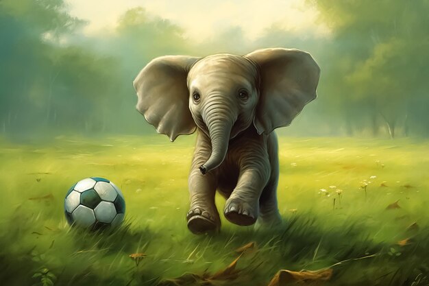Illustration of a small elephant playing soccer on a green lawn