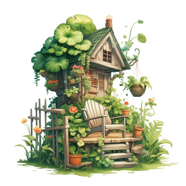 Illustration of a small house with a porch and a garden generative ai