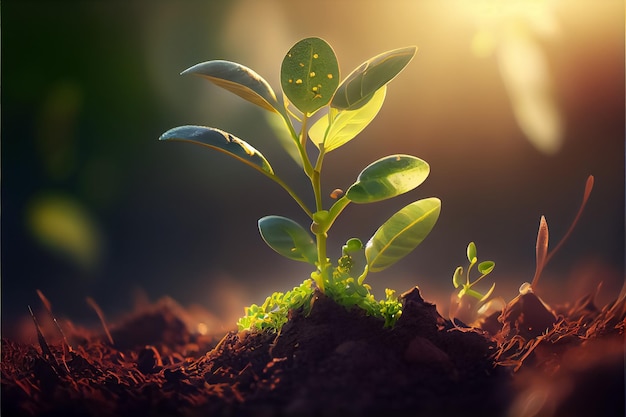 Illustration of small seedling green leaves growing in soil AI